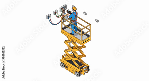 Isometric Illustration of an Electrician on a Scissor Lift Platform Repairing Electrical Wiring and Control Panels