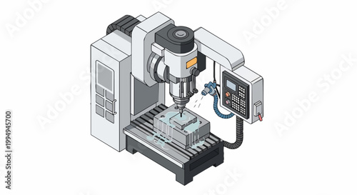 Isometric CNC Milling Machine Vector Illustration - High Precision Industrial Metalworking Equipment for Smart Manufacturing and Automation