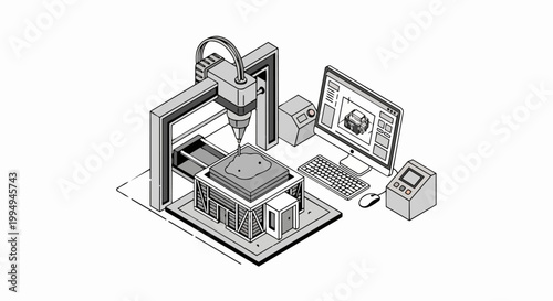 Isometric 3D Concrete Printer Illustration of Automated Building Construction with CAD Computer Control System for Modern Architecture and Engineering Concepts