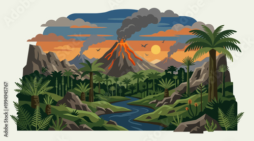 Erupting volcano with smoke and fire.