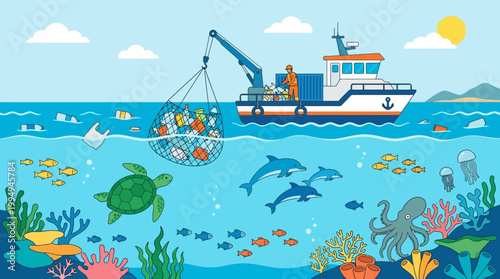 Fishermen Catching Fish and Marine Life.