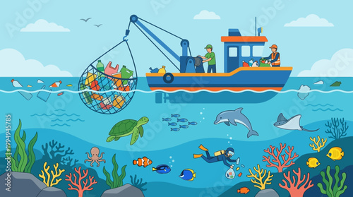 Fishing boat catching colorful fish sea.