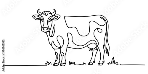 Single line drawing of a cow standing in grass Vector, illustration