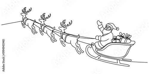 Santa claus in a sleigh pulled by reindeer with gifts, line art Vector, illustration