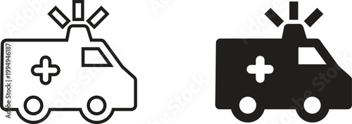 Ambulance icon set line art and solid fill versions for emergency services