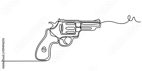 Single continuous line drawing of a revolver handgun Vector, illustration