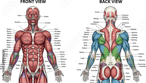 Detailed anatomical illustration showcasing the human muscular system from both front and back perspectives high quality professional detailed modern elegant stylish