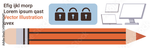 Cybersecurity, data protection, remote work, education, digital design, communication. Composition of locks, computers and pencil. Cybersecurity and remote work focus with symbolic pencil