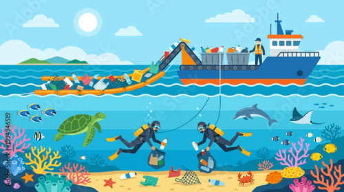 Scuba Divers Exploring Ocean Floor Reef.