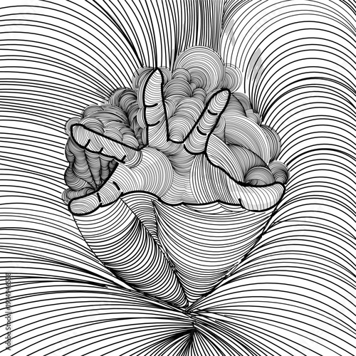 An illustration of a hand with its fingers spread wide, trying to break free from a tangled web of interconnected lines and reaching out to grasp something 