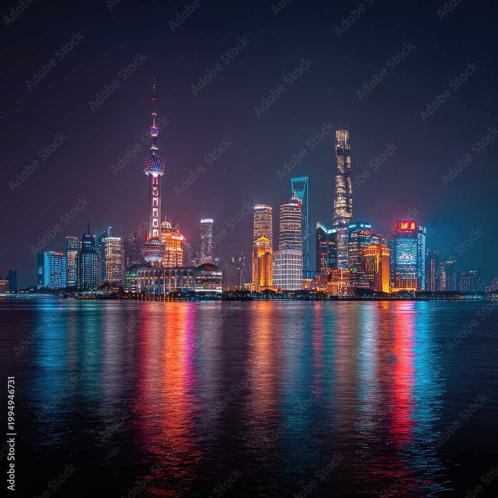 Obraz premium Vibrant city skyline at night, illuminated by bright colorful lights