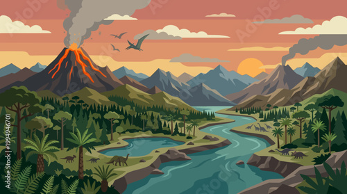 Volcano Erupting with Smoke and Birds.