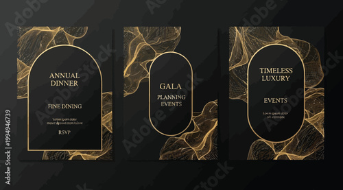 Set of luxury event invitation templates with golden abstract wave lines