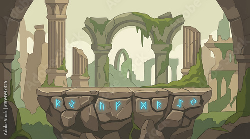 Mystical ancient ruins backdrop with a floating stone platform. Glowing runes illuminate weathered pillars and arches, creating an evocative fantasy landscape, ideal for game backgrounds
