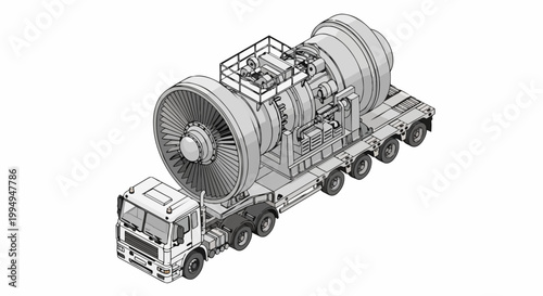 Isometric Line Art Illustration of a Heavy Transport Truck Carrying a Large Industrial Turbine Generator on a Multi-Axle Trailer
