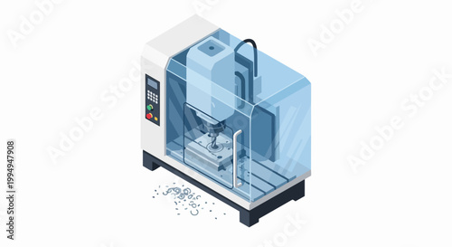 Isometric CNC Milling Machine Vector Illustration - Industrial Automated Manufacturing and Metalworking Drill Press Equipment for Factory Production