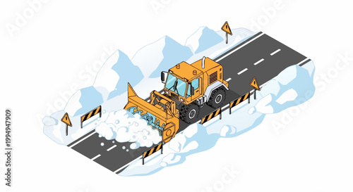 Isometric Orange Snow Blower Truck Clearing Snow from Mountain Road Vector Illustration