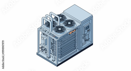 Isometric Industrial HVAC Chiller Unit with Fans and Heat Exchangers for Commercial Cooling and Climate Control