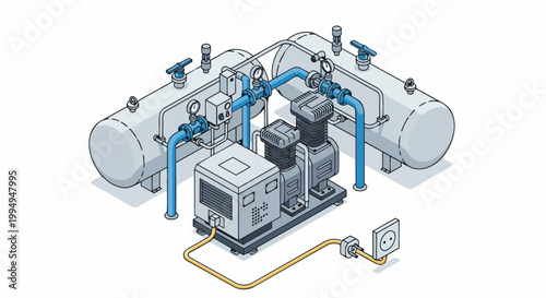 Isometric Industrial Air Compressor System with Storage Tanks and Pneumatic Components