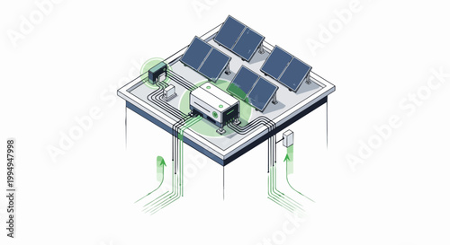Isometric Rooftop Solar Panel Energy System with Battery Storage and Power Flow Diagram - Sustainable Green Technology Concept