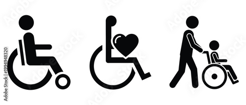 Accessibility symbols wheelchair love and assistance silhouette icons