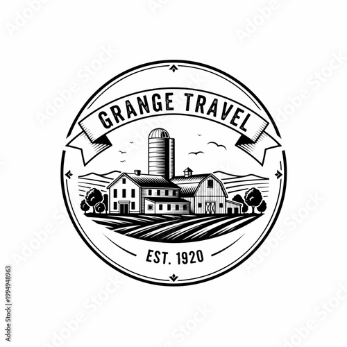Vintage farming insignia with scenic barn illustration and established date ribbon