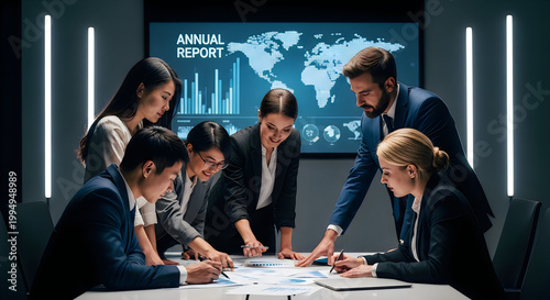 Diverse group of professionals review files and performance metrics, using projections and budgeting to align the company goals with stakeholder expectations for company progress. Camera A.