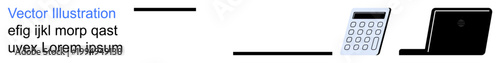 Technology, data processing, remote work, digital communication, education, analytical tools. Minimalist ion of a calculator and laptop in black. Digital connectivity and data processing concept