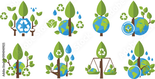 Eco-Friendly Tree and Earth Illustration Set Featuring Recycling, Water Conservation, and Sustainability Concepts for Environmental Protection and Green Initiatives