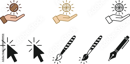 Minimal line icon set with hand holding sun, cursor clicks and drawing tools including brush and pen for creative UI design