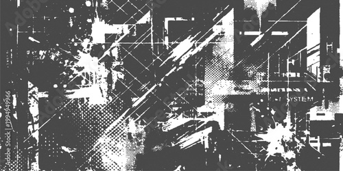 Black grunge background: abstract urban texture paint splatter geometric shapes distressed rough modern industrial design