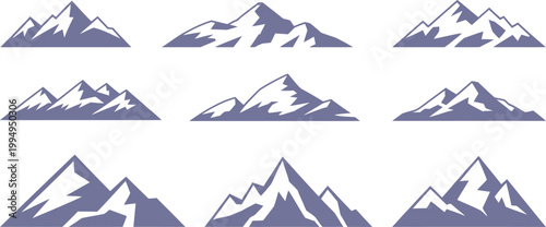 Bilde på lerret Mountain range icons, purple silhouette peaks, snow capped mountains, vector gra