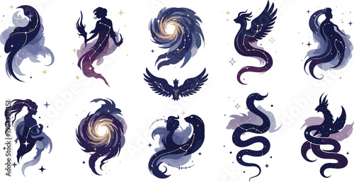 Mythical creatures and galaxy elements set with mermaid, phoenix, dragon and cosmic swirls in magical style for fantasy illustration and astrology design