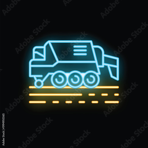 Neon combine harvester working in field at night simple line icon vector illustration