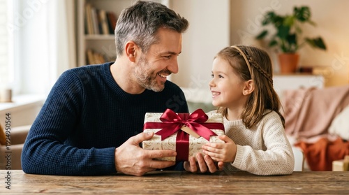 A smiling father receives a gift from his little girl on father's day at home.