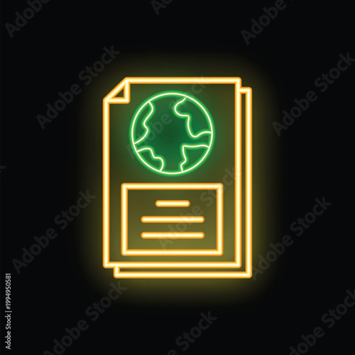 Glowing neon icon of a passport with a planet earth symbol, representing international travel and global citizenship