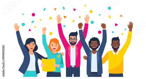 Diverse group of people celebrating with confetti and raising hands
