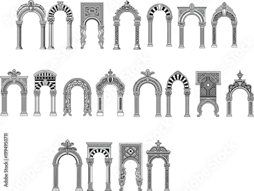 Classical architectural arch collection with ornate decorative columns and antique roman renaissance style frame elements