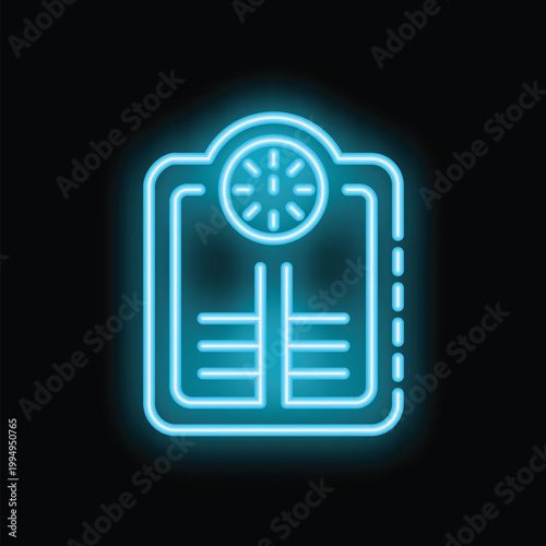 Bright blue neon bathroom scale glowing on black background