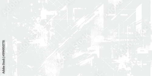White grunge background: abstract urban texture paint splatter geometric shapes distressed rough minimal modern design