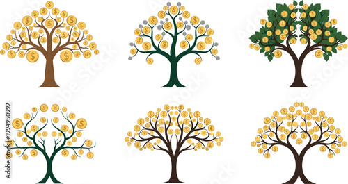 Colorful Money Tree Illustration Set with Dollar Coin Leaves for Financial Growth, Investment, and Prosperity in Business and Wealth Concepts
