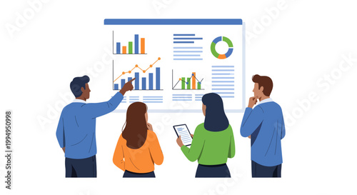 Business team analyzing data charts and graphs in a meeting room