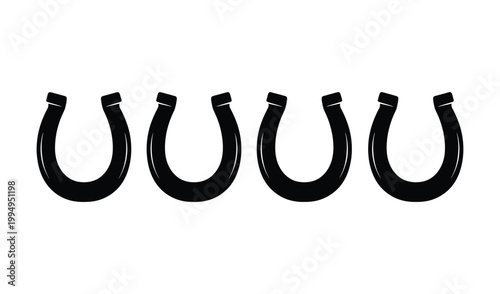 Four black horseshoes in a row, symbolizing luck and tradition, isolated on a white background for a clean and classic look.