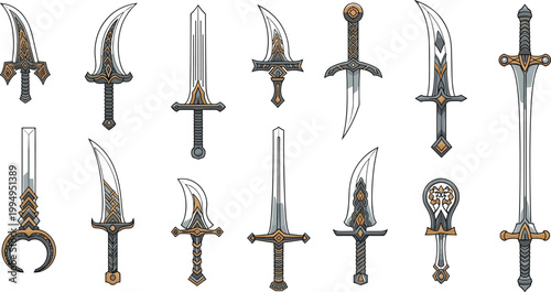 Ornate fantasy sword collection with decorative medieval blades and detailed weapon designs in line art style for game assets and RPG illustration