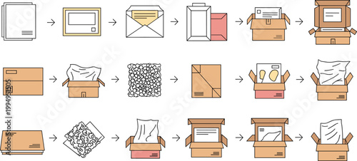 Packaging process workflow with boxes, envelopes and shipping steps in flat style for logistics, e commerce and delivery illustration