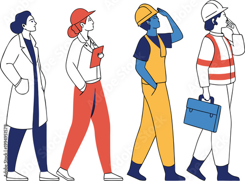 A set of cute and stylish full-body illustrations depicting men and women working in a wide range of professions, including healthcare, construction, business, and the hotel industry.
