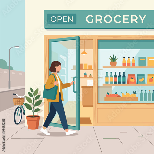 Woman Entering Grocery Store In Garden With Plant