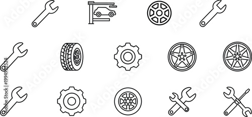 Car Repair Icons Set with Wrench Wheel Gear Garage Service Symbols for Automotive Maintenance Vector Design