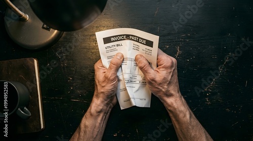 Hands Holding Past Due Utility Bill Invoice on Dark Desk with Lamp for Financial Stress and Debt