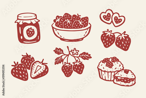Canvastavla Strawberry doodle vector illustration set with jam bowl berries cupcake and cute